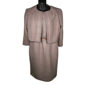 Paule Ka Pink Brown Multi Plaid Two Piece Set Jacket and Sheath Dress‎ Size 42